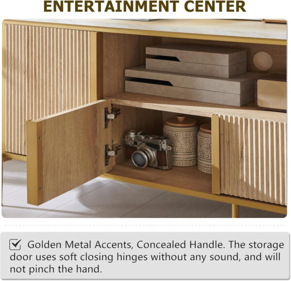 OKD Luxury 70" Fluted TV Stand, Modern Chic Entertainment Center for TVs Up to 80 inches, TV Console with Faux Marble Top, Curved Profile Design, Media Console for Living Room, Natural Oak