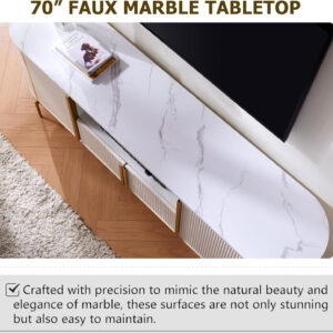 OKD Luxury 70" Fluted TV Stand, Modern Chic Entertainment Center for TVs Up to 80 inches, TV Console with Faux Marble Top, Curved Profile Design, Media Console for Living Room, Natural Oak