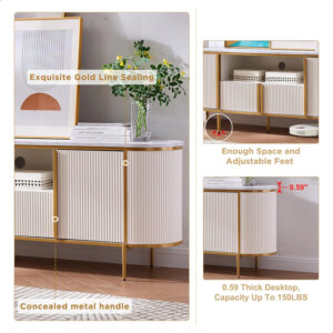 OKD Luxury 70" Fluted TV Stand, Modern Chic Entertainment Center for TVs Up to 80 inches, TV Console with Faux Marble Top, Curved Profile Design, Media Console for Living Room, Natural Oak