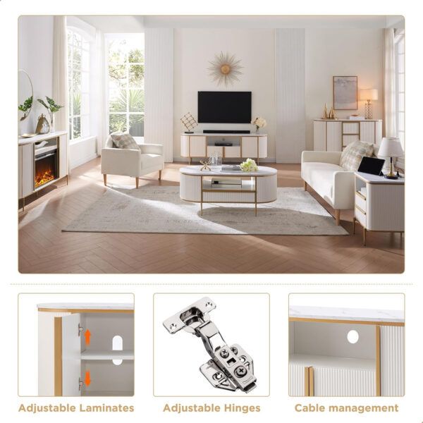 OKD Luxury 70" Fluted TV Stand, Modern Chic Entertainment Center for TVs Up to 80 inches, TV Console with Faux Marble Top, Curved Profile Design, Media Console for Living Room, Natural Oak