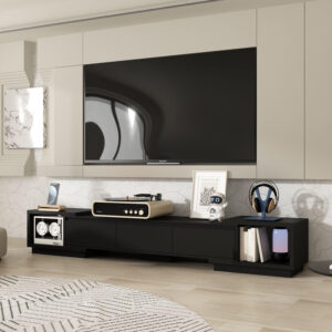 Entertainment Center with Bookshelves Modern Media Center with Open Shelves & Bridge TV Wall Unit with Doors, for Living Room Black (81.1”W x 11.8”D x 70.9”H)