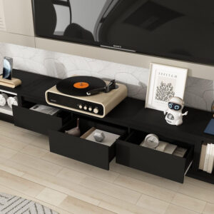 Entertainment Center with Bookshelves Modern Media Center with Open Shelves & Bridge TV Wall Unit with Doors, for Living Room Black (81.1”W x 11.8”D x 70.9”H)
