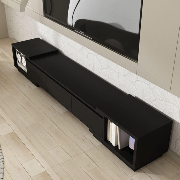 Entertainment Center with Bookshelves Modern Media Center with Open Shelves & Bridge TV Wall Unit with Doors, for Living Room Black (81.1”W x 11.8”D x 70.9”H)