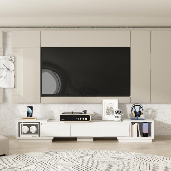 Entertainment Center with Bookshelves Modern Media Center with Open Shelves & Bridge TV Wall Unit with Doors, for Living Room Black (81.1”W x 11.8”D x 70.9”H)