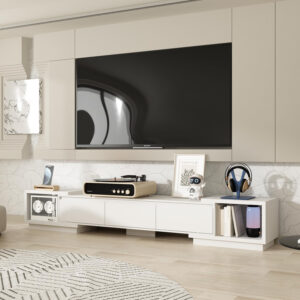 Entertainment Center with Bookshelves Modern Media Center with Open Shelves & Bridge TV Wall Unit with Doors, for Living Room Black (81.1”W x 11.8”D x 70.9”H)