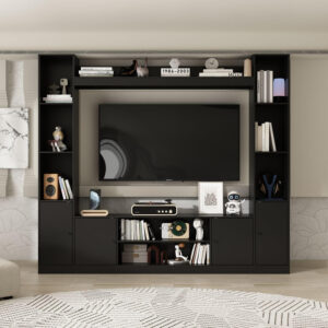 Entertainment Center with Bookshelves Modern Media Center with Open Shelves & Bridge TV Wall Unit with Doors, for Living Room Black (81.1”W x 11.8”D x 70.9”H)