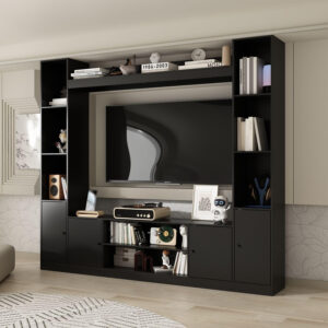 Entertainment Center with Bookshelves Modern Media Center with Open Shelves & Bridge TV Wall Unit with Doors, for Living Room Black (81.1”W x 11.8”D x 70.9”H)