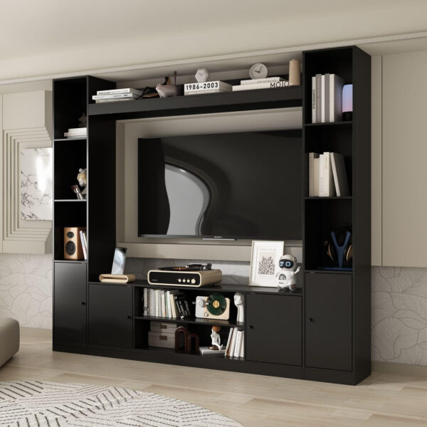Entertainment Center with Bookshelves Modern Media Center with Open Shelves & Bridge TV Wall Unit with Doors, for Living Room Black (81.1”W x 11.8”D x 70.9”H)