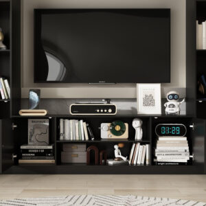 Entertainment Center with Bookshelves Modern Media Center with Open Shelves & Bridge TV Wall Unit with Doors, for Living Room Black (81.1”W x 11.8”D x 70.9”H)