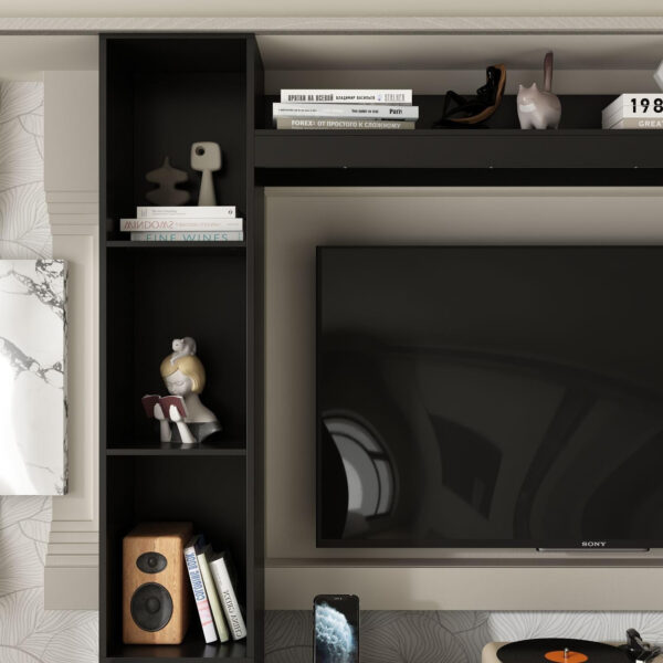 Entertainment Center with Bookshelves Modern Media Center with Open Shelves & Bridge TV Wall Unit with Doors, for Living Room Black (81.1”W x 11.8”D x 70.9”H)