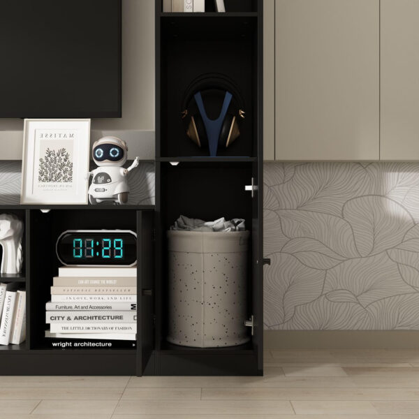 Entertainment Center with Bookshelves Modern Media Center with Open Shelves & Bridge TV Wall Unit with Doors, for Living Room Black (81.1”W x 11.8”D x 70.9”H)