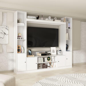 Entertainment Center with Bookshelves Modern Media Center with Open Shelves & Bridge TV Wall Unit with Doors, for Living Room Black (81.1”W x 11.8”D x 70.9”H)