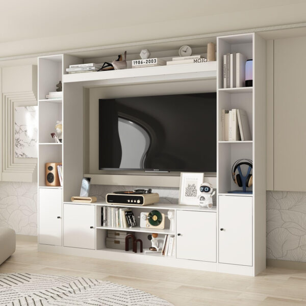 Entertainment Center with Bookshelves Modern Media Center with Open Shelves & Bridge TV Wall Unit with Doors, for Living Room Black (81.1”W x 11.8”D x 70.9”H)