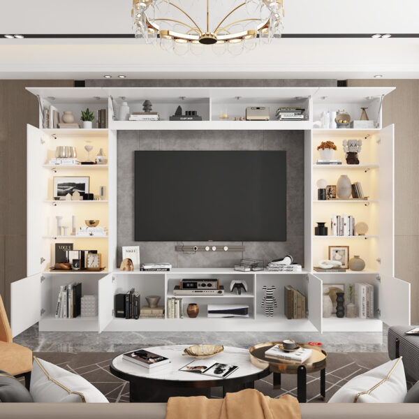 688725729a5ee4fac30cda43ae4648992cdb65397d9dd0c2ad765.jpg White 114" Large Wall Unit Entertainment Center with Bookshelves, Lights and 18 Shelves, Modern 4-Piece TV Stand Media Console Table with Bridge Cabinet for Living Room & Home Theater