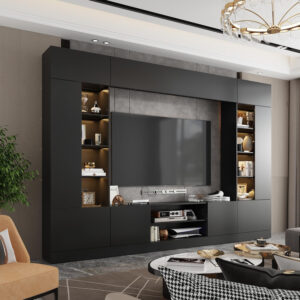 688725785f888f873fc96c4c1989e58ab0307486ecafd5b3d5572.jpg White 114" Large Wall Unit Entertainment Center with Bookshelves, Lights and 18 Shelves, Modern 4-Piece TV Stand Media Console Table with Bridge Cabinet for Living Room & Home Theater