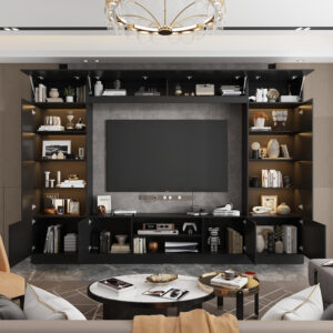 6887257b058ebdd3e76cd4ca9396db4fccf6d5ad7cdba197319cb.jpg White 114" Large Wall Unit Entertainment Center with Bookshelves, Lights and 18 Shelves, Modern 4-Piece TV Stand Media Console Table with Bridge Cabinet for Living Room & Home Theater