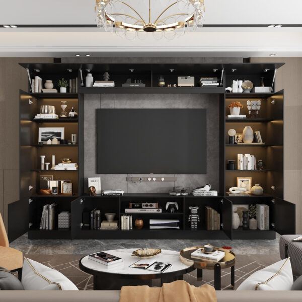 6887257b058ebdd3e76cd4ca9396db4fccf6d5ad7cdba197319cb.jpg White 114" Large Wall Unit Entertainment Center with Bookshelves, Lights and 18 Shelves, Modern 4-Piece TV Stand Media Console Table with Bridge Cabinet for Living Room & Home Theater