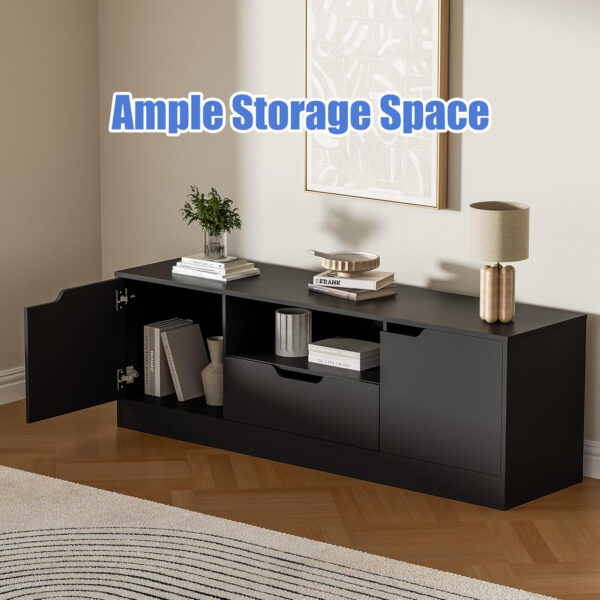 TV Stand for 55/60/65 Inch TV, Entertainment Center with 2 Doors & Drawer, Media TV Console Table with Storage Cabinet for Living Room, Bedroom, Black