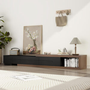 Extendable TV Stand, Modern Entertainment Center for Up to 120 Inch TV, Wood Reversible TV Media Console with 3 Drawers for Living Room Bedroom, 82-110"(Black& Walnut)