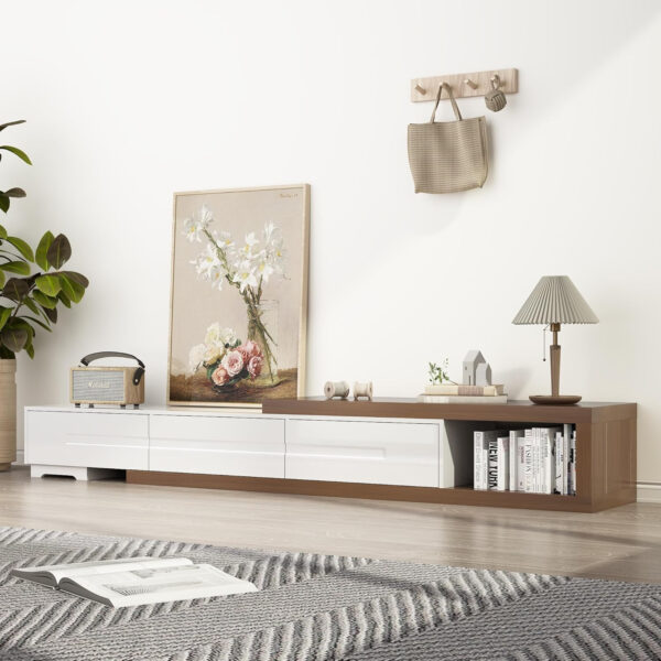 Extendable TV Stand, Modern Entertainment Center for Up to 120 Inch TV, Wood Reversible TV Media Console with 3 Drawers for Living Room Bedroom, 82-110"(Black& Walnut)