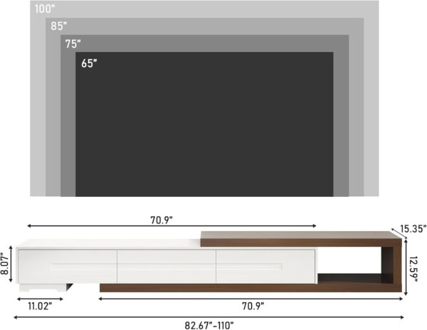 Extendable TV Stand, Modern Entertainment Center for Up to 120 Inch TV, Wood Reversible TV Media Console with 3 Drawers for Living Room Bedroom, 82-110"(Black& Walnut)