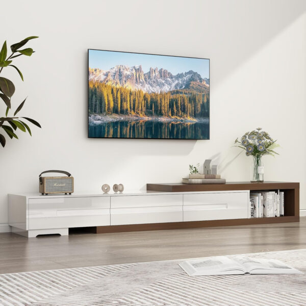 Extendable TV Stand, Modern Entertainment Center for Up to 120 Inch TV, Wood Reversible TV Media Console with 3 Drawers for Living Room Bedroom, 82-110"(Black& Walnut)