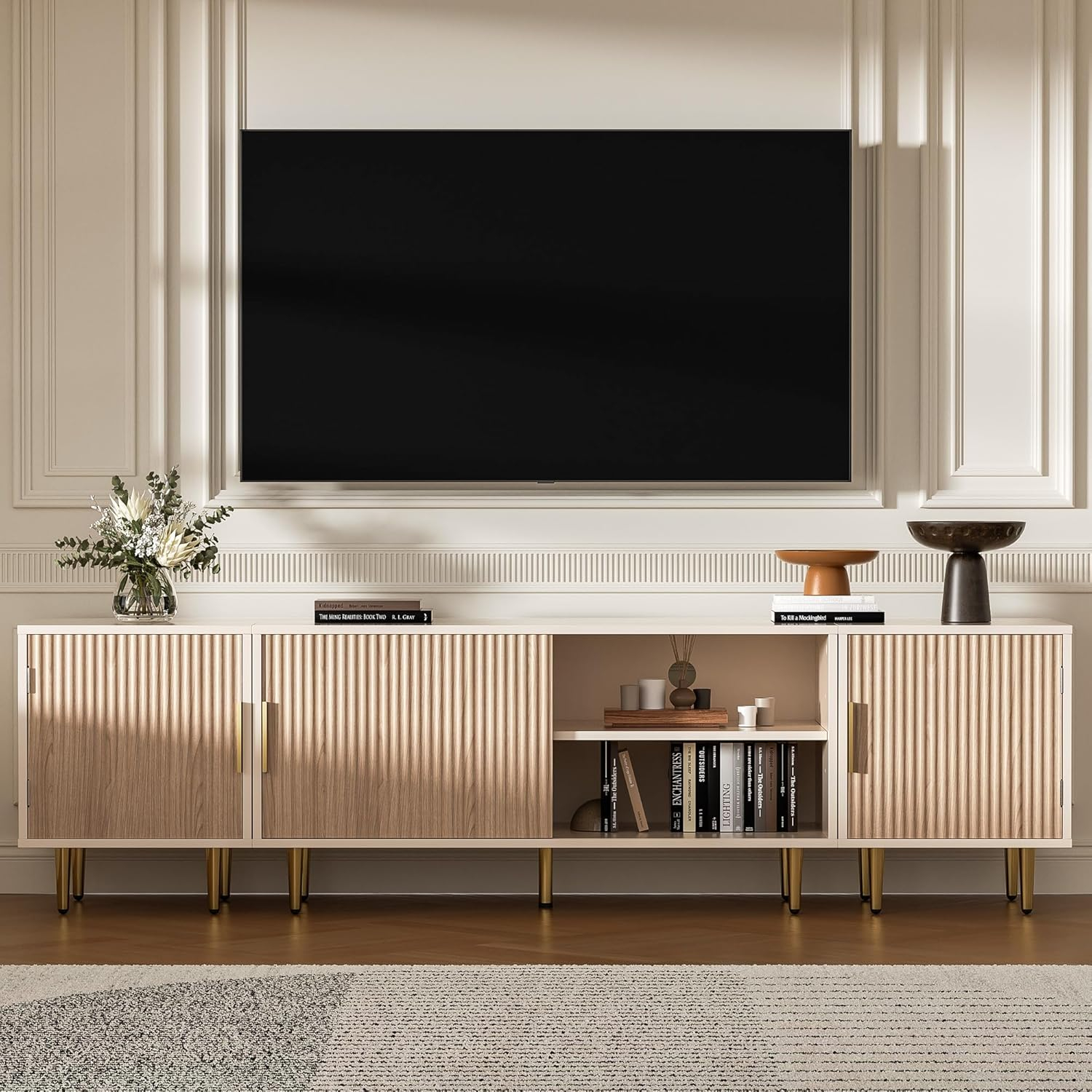 71" TV Stand for 50/60/70/80 inch TV, TV Stand for 75+ inch TV, Modern Entertainment Center for Up to 80" TV, TV Media Stand with Storage Cabinet for Living Room, Bedroom, Oak