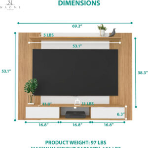 Naomi Home Zola Multi Storage Wall Media Center for up to 70 inch TVs, Entertainment Center with Storage, Floating TV Stand with 2 Sliding Doors and 2 Floating Wall Shelves, UV Painting Finish Natural