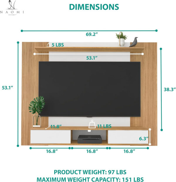 Naomi Home Zola Multi Storage Wall Media Center for up to 70 inch TVs, Entertainment Center with Storage, Floating TV Stand with 2 Sliding Doors and 2 Floating Wall Shelves, UV Painting Finish Natural