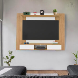 Naomi Home Zola Multi Storage Wall Media Center for up to 70 inch TVs, Entertainment Center with Storage, Floating TV Stand with 2 Sliding Doors and 2 Floating Wall Shelves, UV Painting Finish Natural