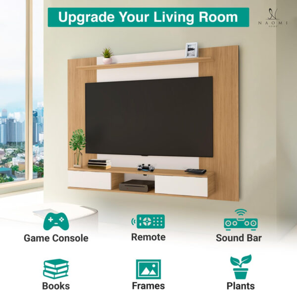 Naomi Home Zola Multi Storage Wall Media Center for up to 70 inch TVs, Entertainment Center with Storage, Floating TV Stand with 2 Sliding Doors and 2 Floating Wall Shelves, UV Painting Finish Natural