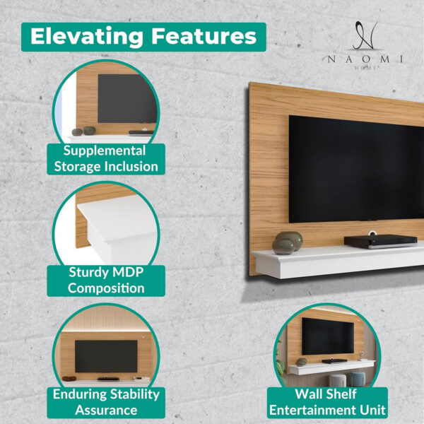 Naomi Home Zola Multi Storage Wall Media Center for up to 70 inch TVs, Entertainment Center with Storage, Floating TV Stand with 2 Sliding Doors and 2 Floating Wall Shelves, UV Painting Finish Natural