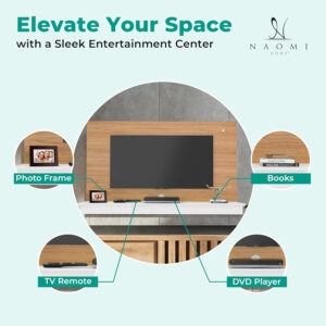 Naomi Home Zola Multi Storage Wall Media Center for up to 70 inch TVs, Entertainment Center with Storage, Floating TV Stand with 2 Sliding Doors and 2 Floating Wall Shelves, UV Painting Finish Natural