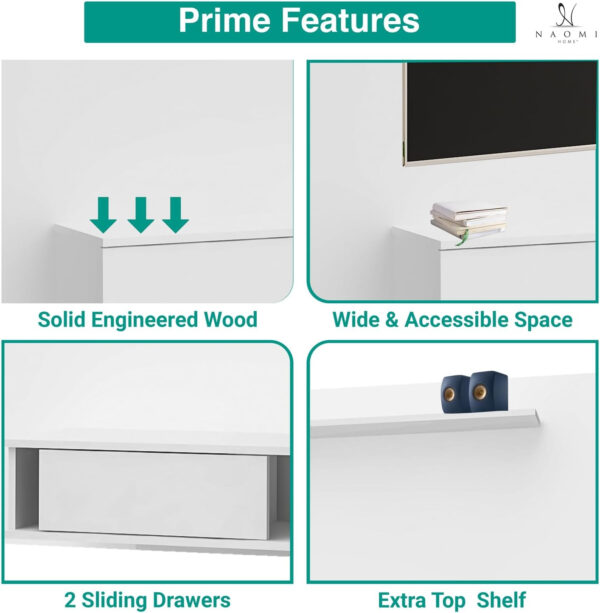 Naomi Home Zola Multi Storage Wall Media Center for up to 70 inch TVs, Entertainment Center with Storage, Floating TV Stand with 2 Sliding Doors and 2 Floating Wall Shelves, UV Painting Finish Natural
