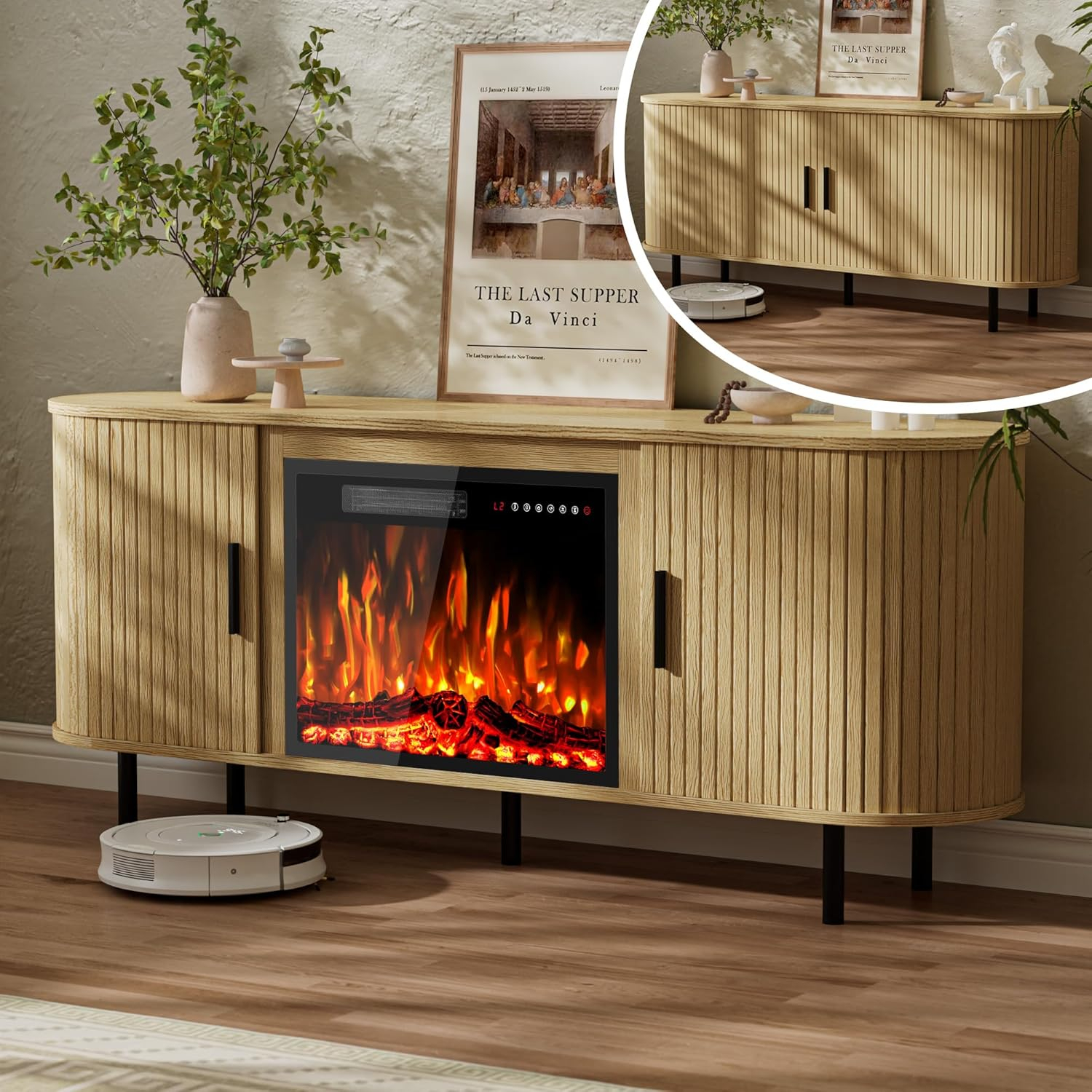 65" Fluted Fireplace TV Stand for TVs Up to 75 inches, Modern Entertainment Center with 23" Electric Fireplace, Wooden Curved TV Console with Sliding Doors for Living Room, Natural Oak