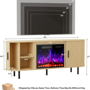 688727da21166a276c030b2e3b6b34470672e4b487afd45033cb3.jpg 65" Fluted Fireplace TV Stand for TVs Up to 75 inches, Modern Entertainment Center with 23" Electric Fireplace, Wooden Curved TV Console with Sliding Doors for Living Room, Natural Oak