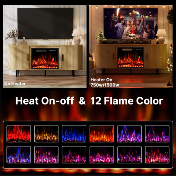 688727dbca2b131590261b56e2f10fc66ff81a32baade443c37dd.jpg 65" Fluted Fireplace TV Stand for TVs Up to 75 inches, Modern Entertainment Center with 23" Electric Fireplace, Wooden Curved TV Console with Sliding Doors for Living Room, Natural Oak