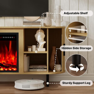 688727dfd4c28352247ab049295377cd569912bf785baf4e8518e.jpg 65" Fluted Fireplace TV Stand for TVs Up to 75 inches, Modern Entertainment Center with 23" Electric Fireplace, Wooden Curved TV Console with Sliding Doors for Living Room, Natural Oak