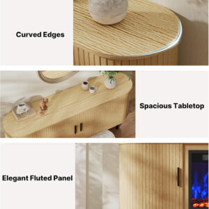 688727e16939e51eac7f6756871c2d0a8335d0d0b395436758664.jpg 65" Fluted Fireplace TV Stand for TVs Up to 75 inches, Modern Entertainment Center with 23" Electric Fireplace, Wooden Curved TV Console with Sliding Doors for Living Room, Natural Oak