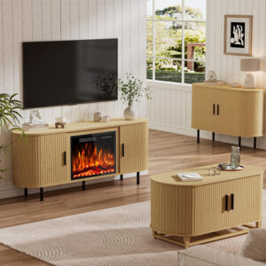 688727e2c3b6a6502803d1475dbf32ea377564cde8968da98209d.jpg 65" Fluted Fireplace TV Stand for TVs Up to 75 inches, Modern Entertainment Center with 23" Electric Fireplace, Wooden Curved TV Console with Sliding Doors for Living Room, Natural Oak