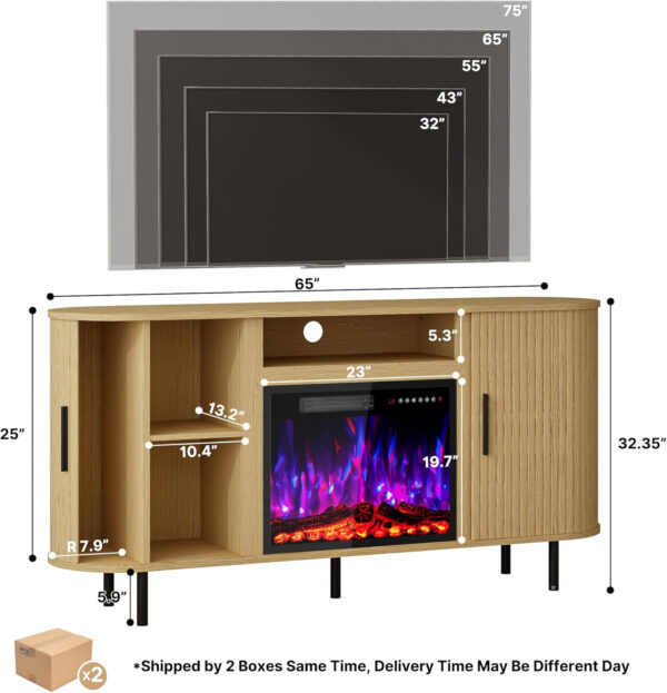 688727e56e48a96d2ac2fdf8d342ddbd255c6e1a97d10237f71de.jpg 65" Fluted Fireplace TV Stand for TVs Up to 75 inches, Modern Entertainment Center with 23" Electric Fireplace, Wooden Curved TV Console with Sliding Doors for Living Room, Natural Oak