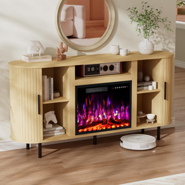 688727e6df6fa1bf4b0730e5f710d33be7e8f01db0fb054ed2bbb.jpg 65" Fluted Fireplace TV Stand for TVs Up to 75 inches, Modern Entertainment Center with 23" Electric Fireplace, Wooden Curved TV Console with Sliding Doors for Living Room, Natural Oak