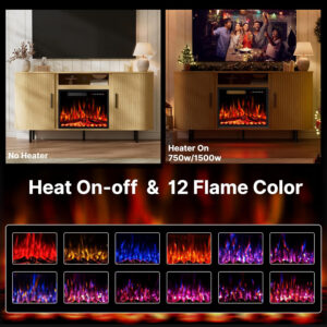 688727e86e1ab472227f468396fb20b86ac1a7c28ee773834d7d8.jpg 65" Fluted Fireplace TV Stand for TVs Up to 75 inches, Modern Entertainment Center with 23" Electric Fireplace, Wooden Curved TV Console with Sliding Doors for Living Room, Natural Oak