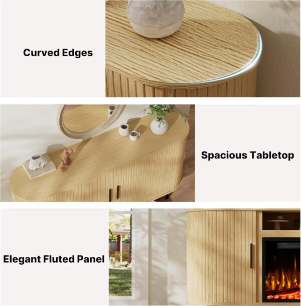 688727ecef535d45877a7a47071fb3e1ec7b69a0fbd9f4ac5bccb.jpg 65" Fluted Fireplace TV Stand for TVs Up to 75 inches, Modern Entertainment Center with 23" Electric Fireplace, Wooden Curved TV Console with Sliding Doors for Living Room, Natural Oak