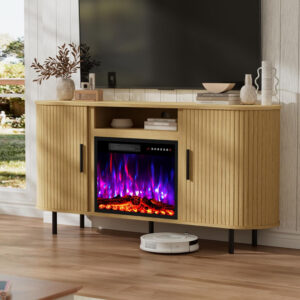 688727ee5291bd59135e8a15635fa6daf9e381f17af450af9b6f9.jpg 65" Fluted Fireplace TV Stand for TVs Up to 75 inches, Modern Entertainment Center with 23" Electric Fireplace, Wooden Curved TV Console with Sliding Doors for Living Room, Natural Oak