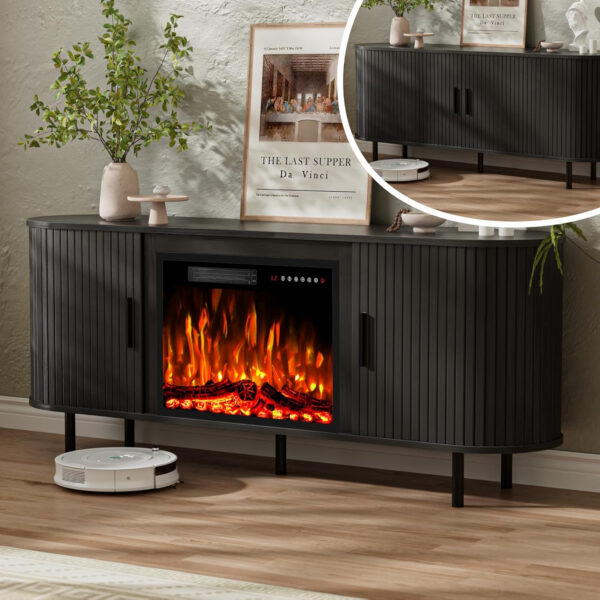 688727efb9ddf3e9a1c8264950ae57210de78e80141fa55c3c3a4.jpg 65" Fluted Fireplace TV Stand for TVs Up to 75 inches, Modern Entertainment Center with 23" Electric Fireplace, Wooden Curved TV Console with Sliding Doors for Living Room, Natural Oak