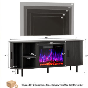 688727f24bd40e515114b5ffdceb72884fe83997450e475739eb8.jpg 65" Fluted Fireplace TV Stand for TVs Up to 75 inches, Modern Entertainment Center with 23" Electric Fireplace, Wooden Curved TV Console with Sliding Doors for Living Room, Natural Oak