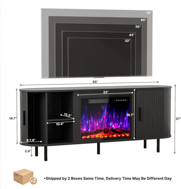 688727f24bd40e515114b5ffdceb72884fe83997450e475739eb8.jpg 65" Fluted Fireplace TV Stand for TVs Up to 75 inches, Modern Entertainment Center with 23" Electric Fireplace, Wooden Curved TV Console with Sliding Doors for Living Room, Natural Oak