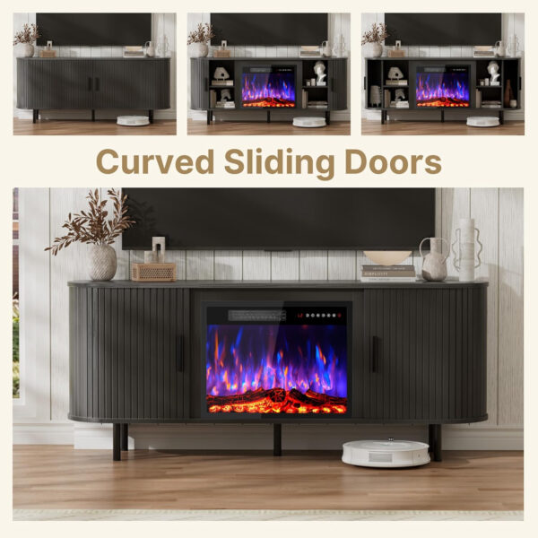 688727f4ccbb876d94bc6df7bc7801a68ebbf96d35941a6a6d9c2.jpg 65" Fluted Fireplace TV Stand for TVs Up to 75 inches, Modern Entertainment Center with 23" Electric Fireplace, Wooden Curved TV Console with Sliding Doors for Living Room, Natural Oak
