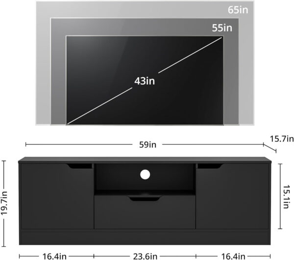 TV Stand for 55/60/65 Inch TV, Entertainment Center with 2 Doors & Drawer, Media TV Console Table with Storage Cabinet for Living Room, Bedroom, Black